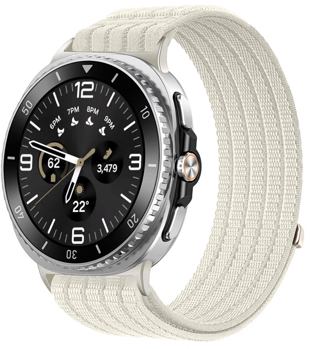 Stravo Nylon Sportbandje met Klittenband – Geschikt voor Samsung Galaxy Watch 9 (40/44mm) / Watch 8 (40/44mm) / Watch 8 Classic (46mm) – Ademend Horlogebandje met Verticale Geweven Structuur – Starlight