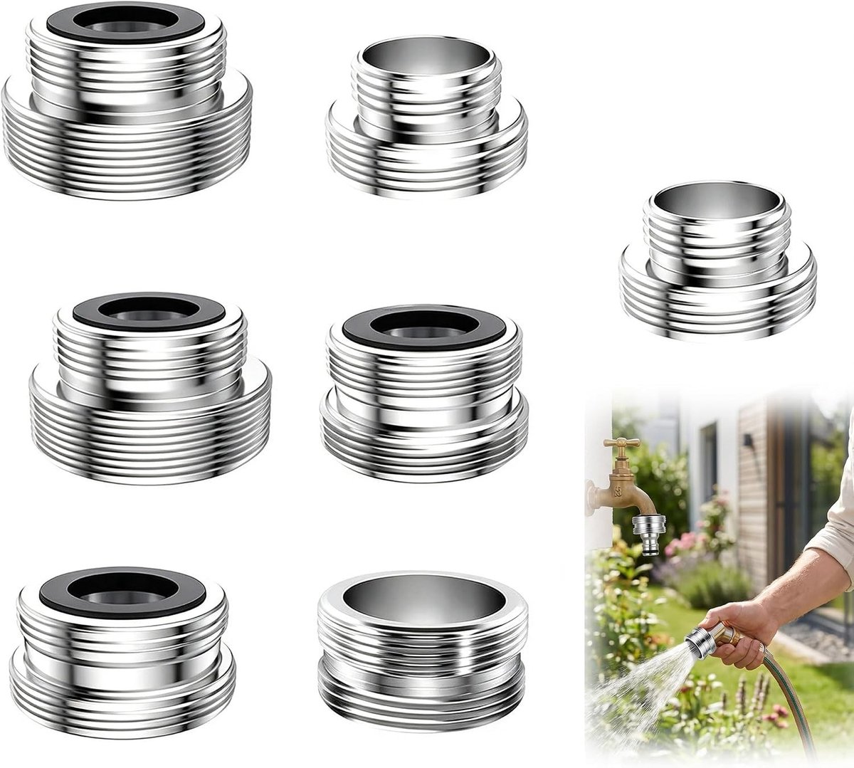 Kraanadapter set van 7 stuks met afdichtingen voor 16-28 mm OD naar 22 mm OD | Dubbele schroefdraad verloopstukken voor keukenkraan, wastafel en tuinslang aansluitingen
