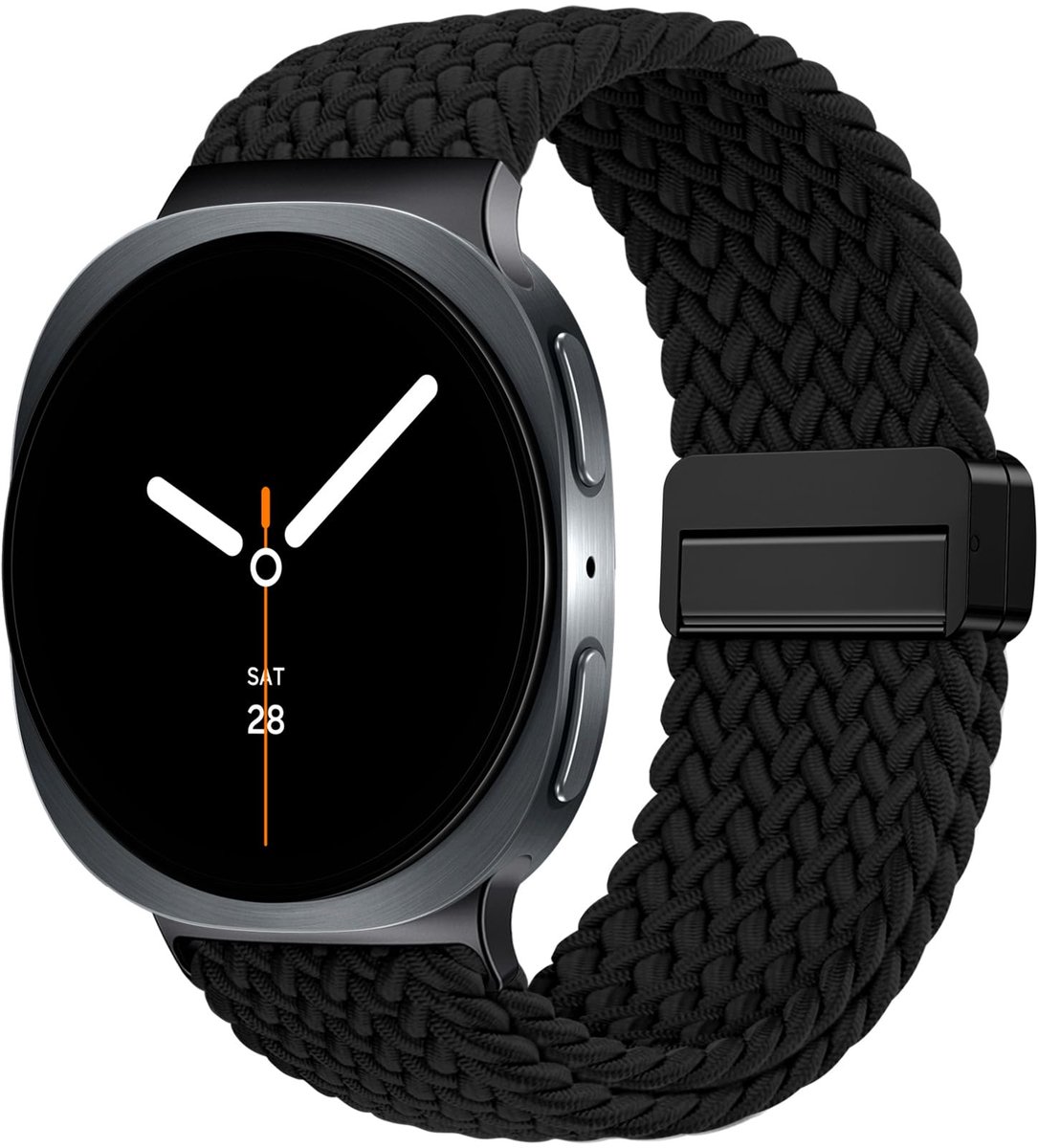 Stravo Magnetisch gevlochten nylon bandje – Geschikt voor Samsung Galaxy Watch 9 (40/44mm) / Watch 8 (40/44mm) / 8 Classic (46mm) – Zwart – erstelbaar elastisch gevlochten horlogebandje