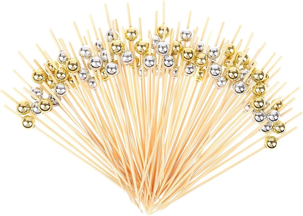 Houten Cocktailprikkers voor Drankjes en Snacks, 100 Stuks, Ideaal voor Feestjes en Desserts, 12 cm met Gouden en Zilveren Parels