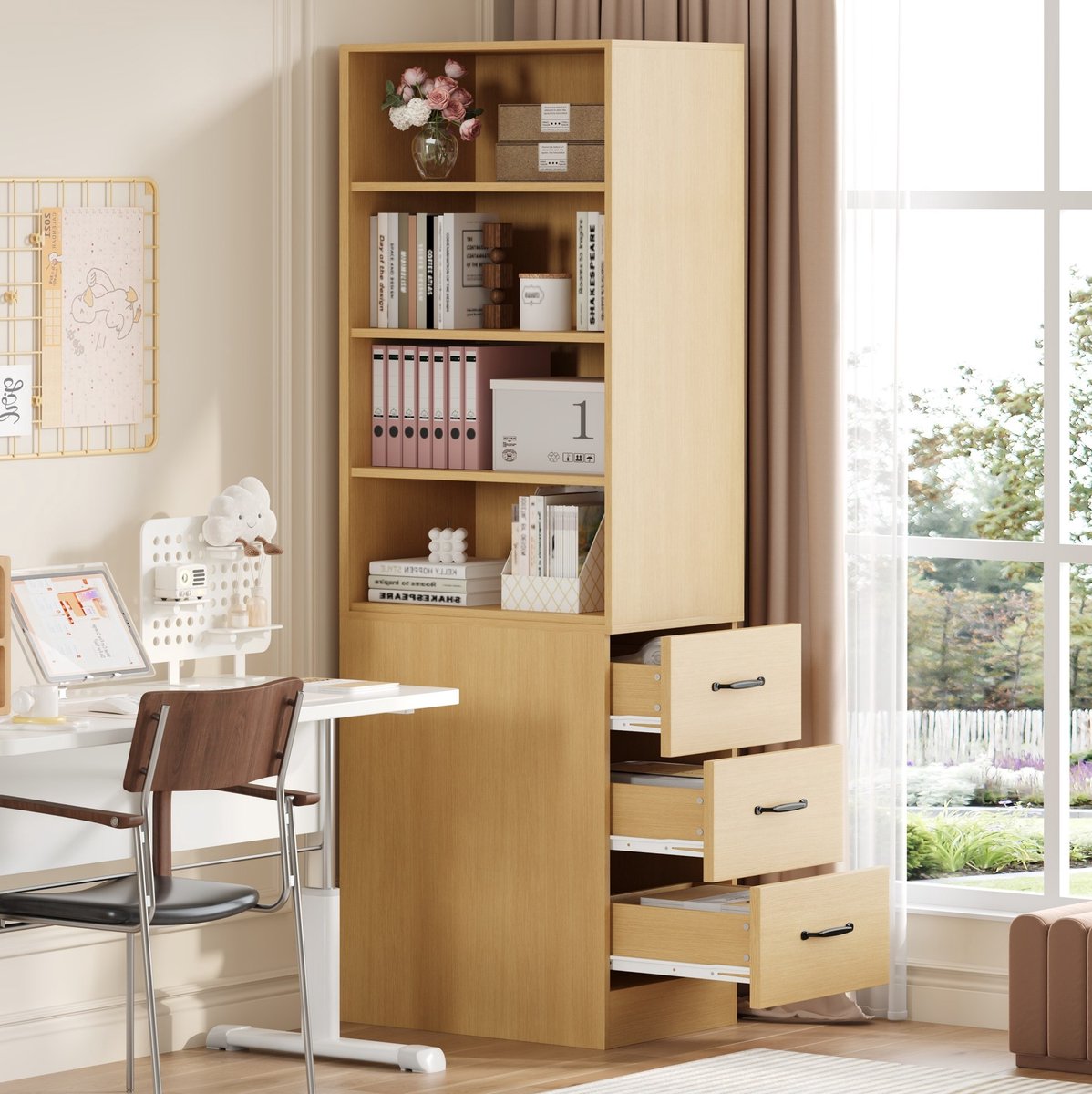 COVREO Boekenkast 60x38x180 cm eiken, 3 lades en verstelbare planken