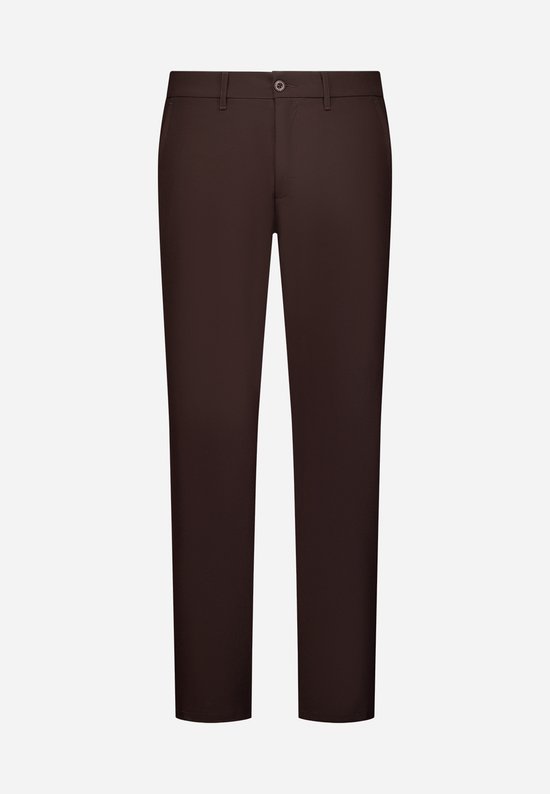 Voorkant van een effen bruine broek met knoop- en ritssluiting.