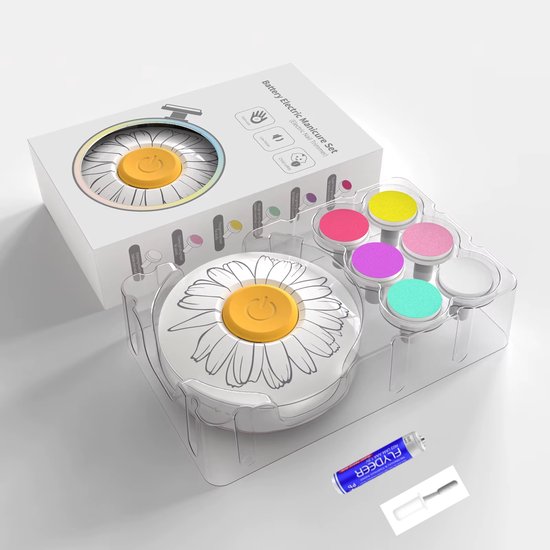 Set van een elektrische nagelvijl met een gele bloemknop, meerdere gekleurde opzetstukken en een batterij.