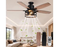 Lapamax Plafondventilator met Verlichting - 5 Omkeerbare Houten Bladen - 6 Snelheden - Afstandsbediening en Timer - Zwart - Ø 132 cm