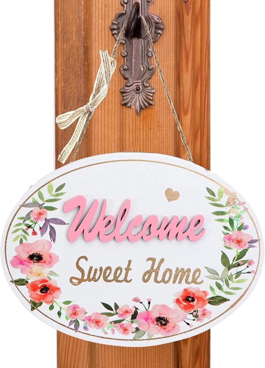 Houten voordeurbordje - Decoratief deurbordje - Welkomstbord - Ovaal houten "Welkom thuis" deurbordje - Inclusief ophangtouw - Prachtig en duurzaam - Perfect voor lente- en paasdecoratie - 1 stuk