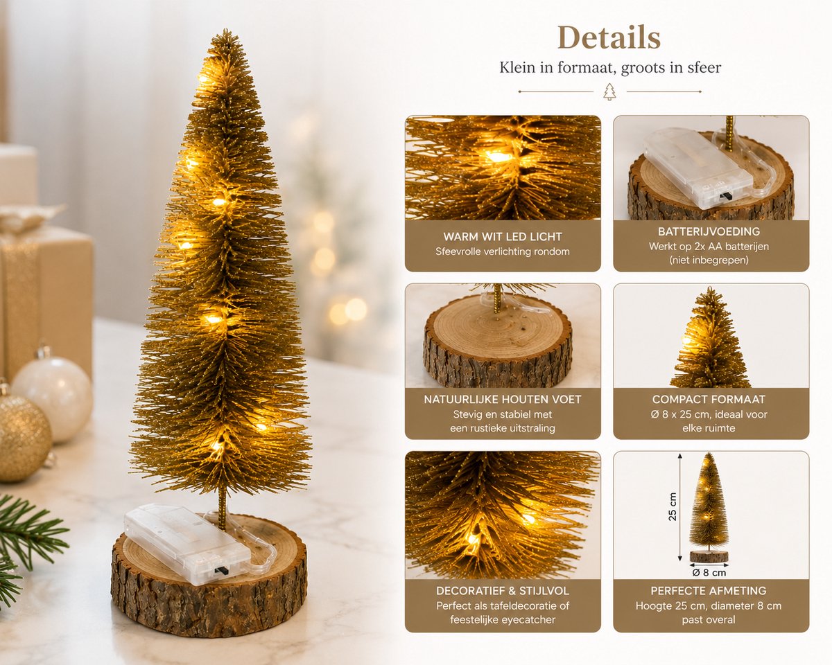 Mini Kerstboom met LED Verlichting – 25 cm Hoog – Kleine Tafelkerstboom met Sneeuw, Gouden Accenten en Houten Voet – Kerstdecoratie voor Tafel, Vensterbank en Kantoor – foto 2