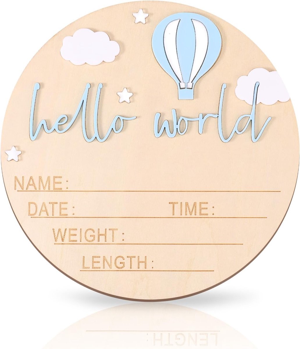 lasuroa Houten Babyaankondigingsbord, 15cm Hallo Wereld Naambord Pasgeborenen voor Jongen of Meisje Geboortebord met Naam voor Ziekenhuis Kinderkamerdecoratie Babyshower Foto-Accessoire