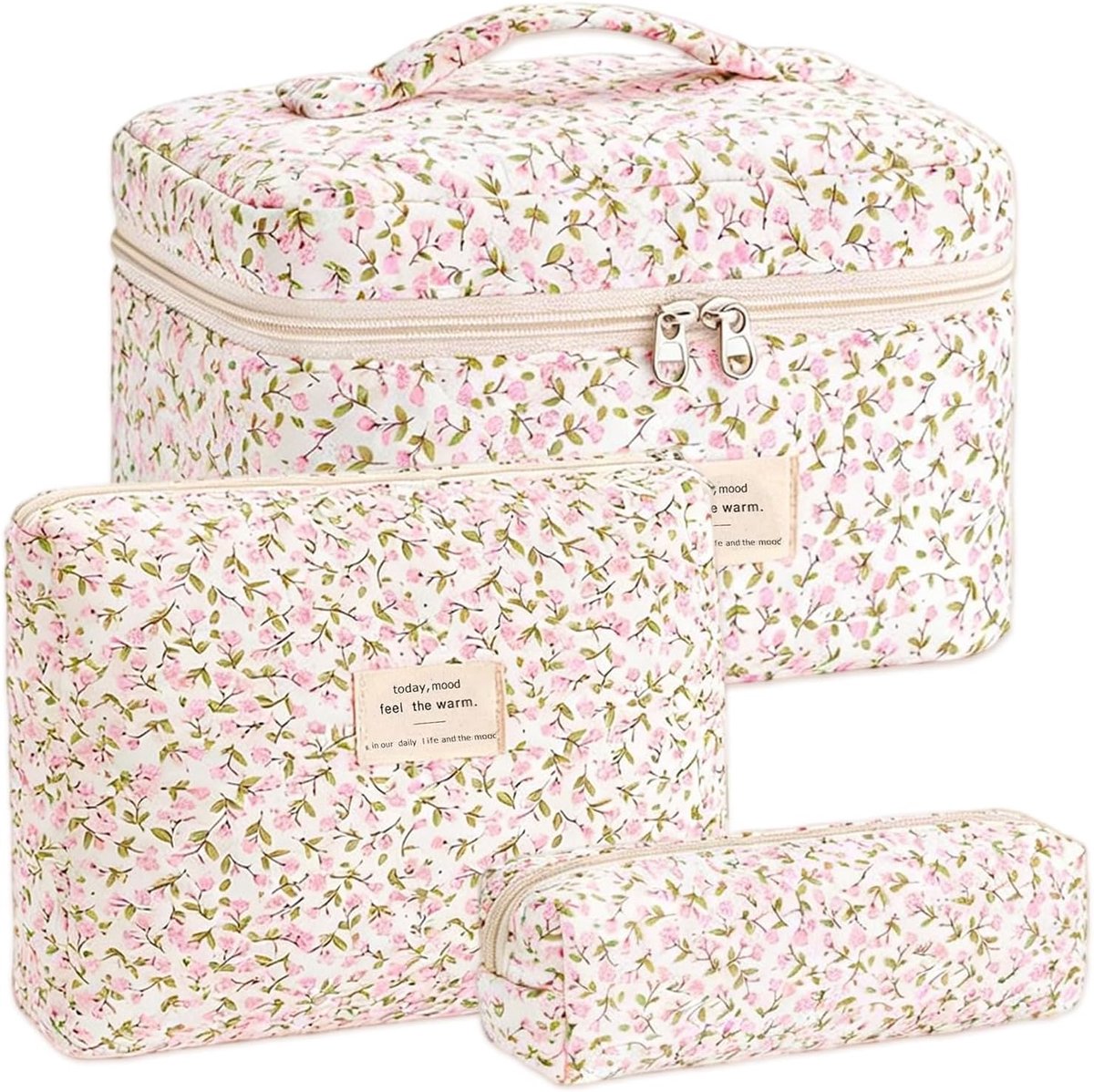 SnelShoppen - Set van 3 Cosmetica Tassen, Vrouwelijke Bloemige Toilettas, Gevoerde Toilettas, Make-up Tas voor Meisjes met Mooie Bloemmotieven voor Da