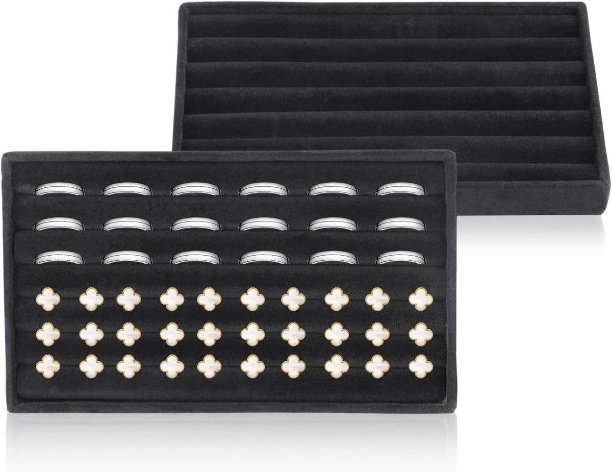 SnelShoppen - 2 Pack 6-Slot Fluwelen Ring Display Lade, Stapelbare Ring Organizer Lade voor Sieraden, Zwart, Perfect voor Oorbellen en Ringen, Thuis e