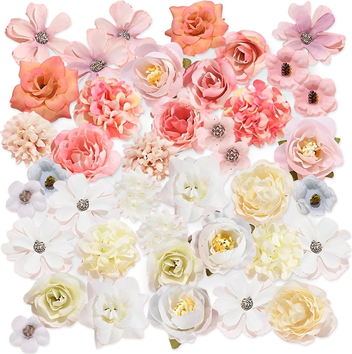 SnelShoppen - 40 Stuks Kunstbloemen Cups, Roze Witte Kunstbloemen voor Knutselen, Rozen, Margrieten en Pioenrozen van Zijde voor DIY Bruiloft en Feest