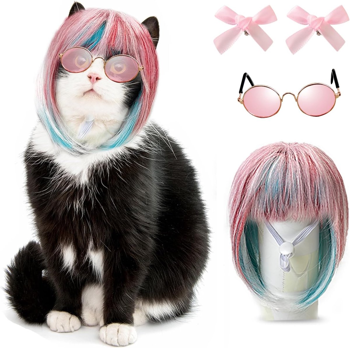 SnelShoppen - 3 Stuks Dierenperruques met Verstelbare Bandjes, Peruc voor Katten, Afwisselend Roze en Blauw, Grappig, Levendig Lang Haar met Haarspeld