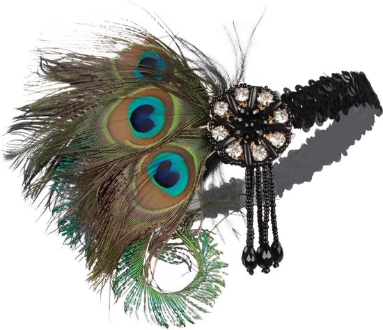 SnelShoppen - Hoofdband Dames Jaren 20 Gatsby Kostuumaccessoires met Pauw Veren en Strass Steentjes, Vintage Haarband voor Feesten en Charleston Outfi