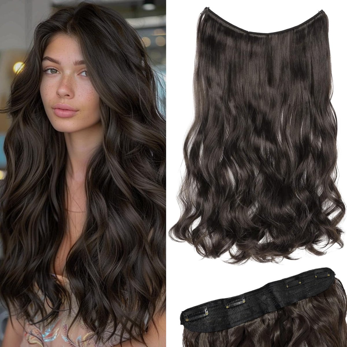 Haarverlengingen 17 inch - synthetisch bruinzwart - kort golvend - moeiteloos stijlen - ShopVlot