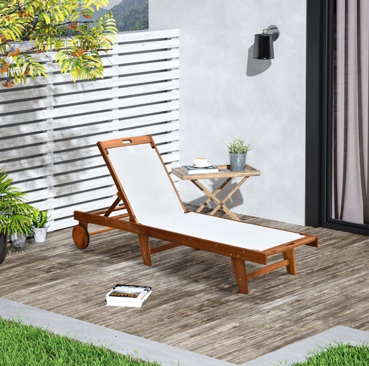 MODENUIT Ligbed 198 x 55 cm - Verstelbare Rugleuning In 4 Standen - Voor Tuin Balkon En Terras - Hout Wit
