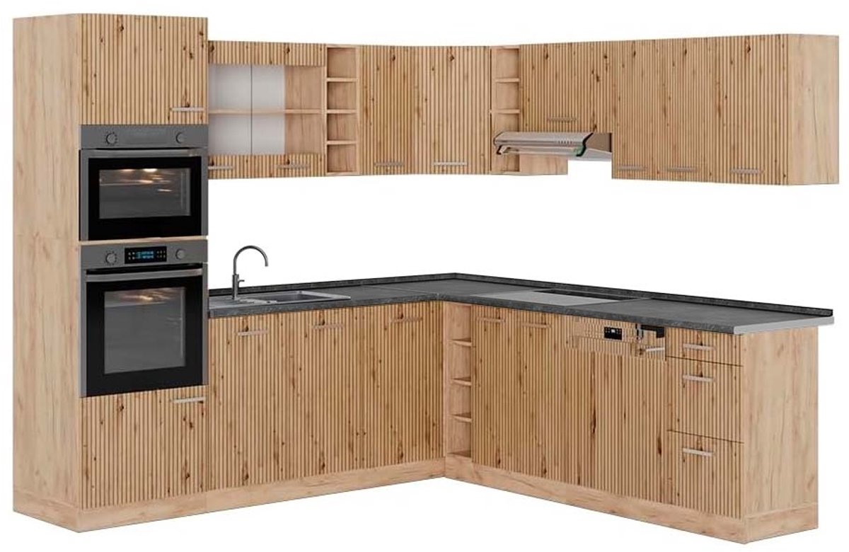 Vicco Hoekkeuken R-Line, Artisanaal eiken/Goudkleurig Eiken, 247 x 237 cm, WB Antraciet