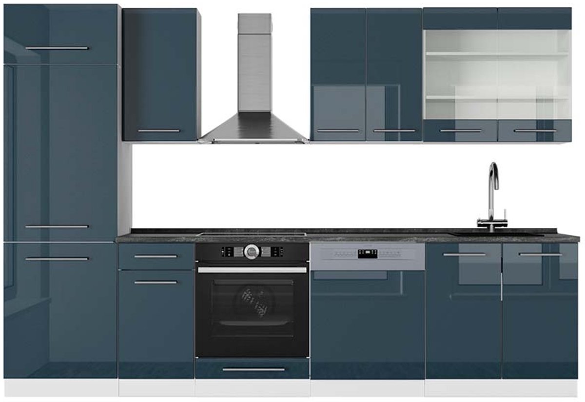 Vicco Fame-Line Complete keukeneenheid – 300 cm, WB Antraciet Donkerblauw hoogglans/wit