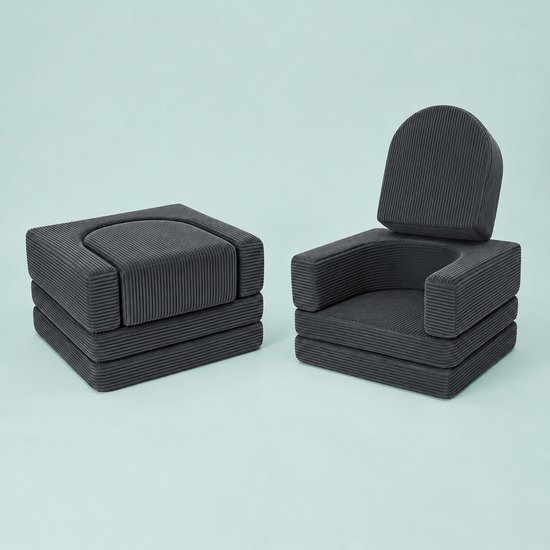 kinderfauteuil - 4-delig set - 65x40x65 cm - ribfluweel - donkergrijs — afbeelding 4