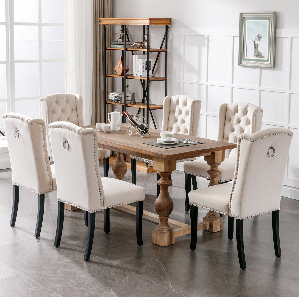 COVREO Eetkamerstoel set van 6 beige, velvet met hoge rugleuning