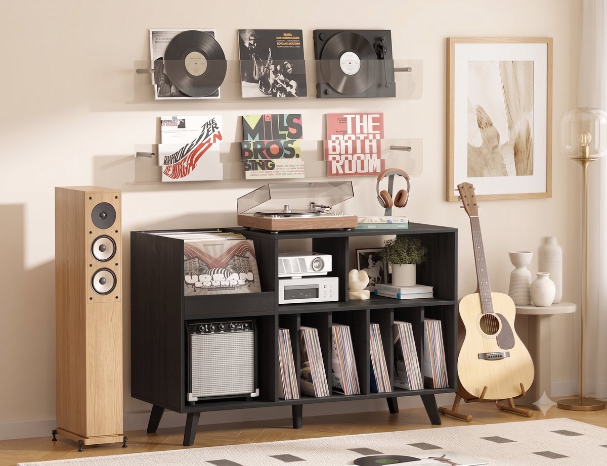 Platenspeler Standaard met Opbergruimte - Grote Platenkast voor 450 LP Vinylplaten - Houten Platenspeler Meubel - Platenrek & Audio Opbergkast - zwart - 122 x 40 x 82.5 cm