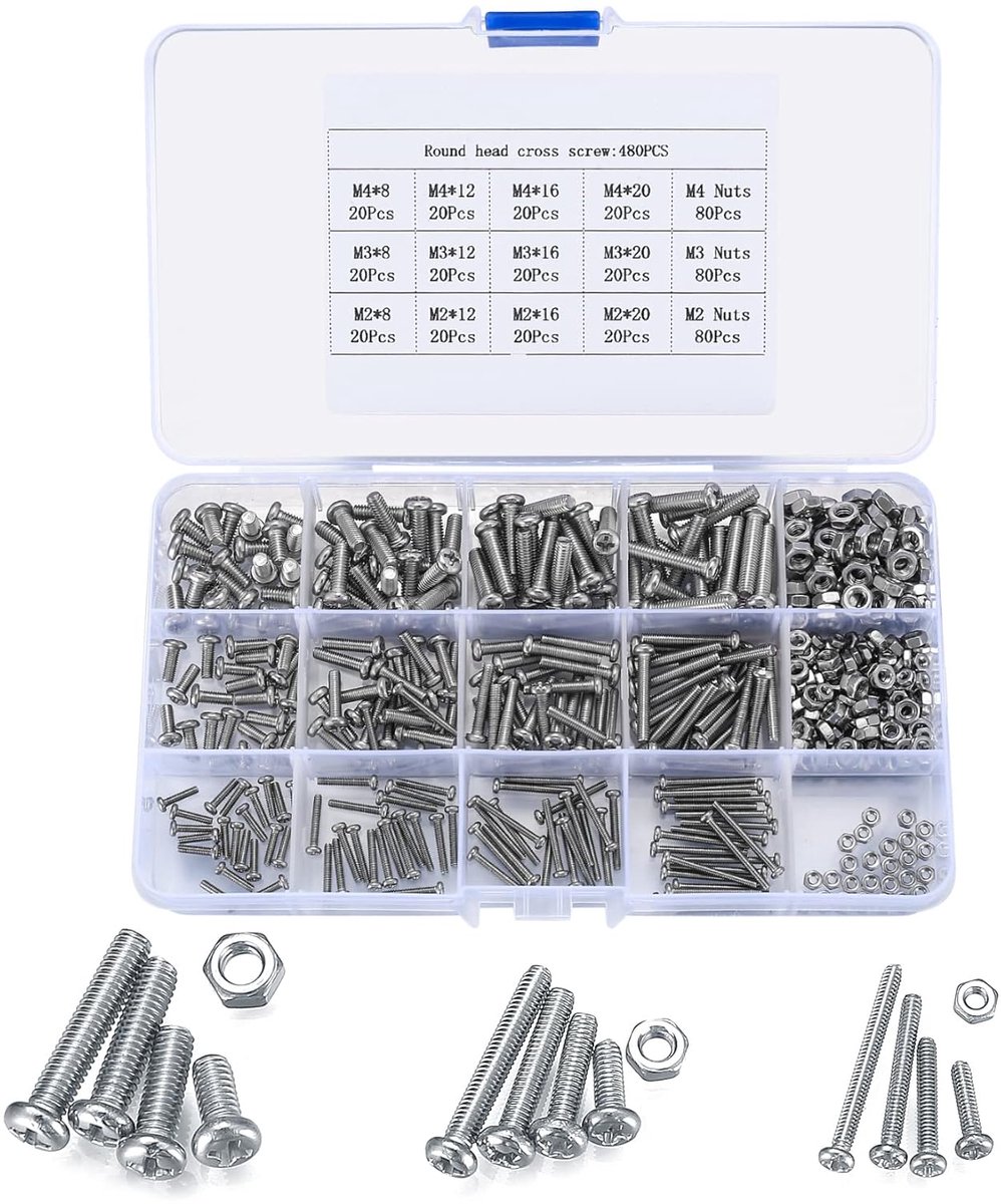 SnelShoppen - 480-Delige Schroeven en Moeren Set, M2/M3/M4 RVS Bolkop Schroeven, Lenskop Schroeven, Allen Schroeven, Phillips Schroeven Assortiment Ki