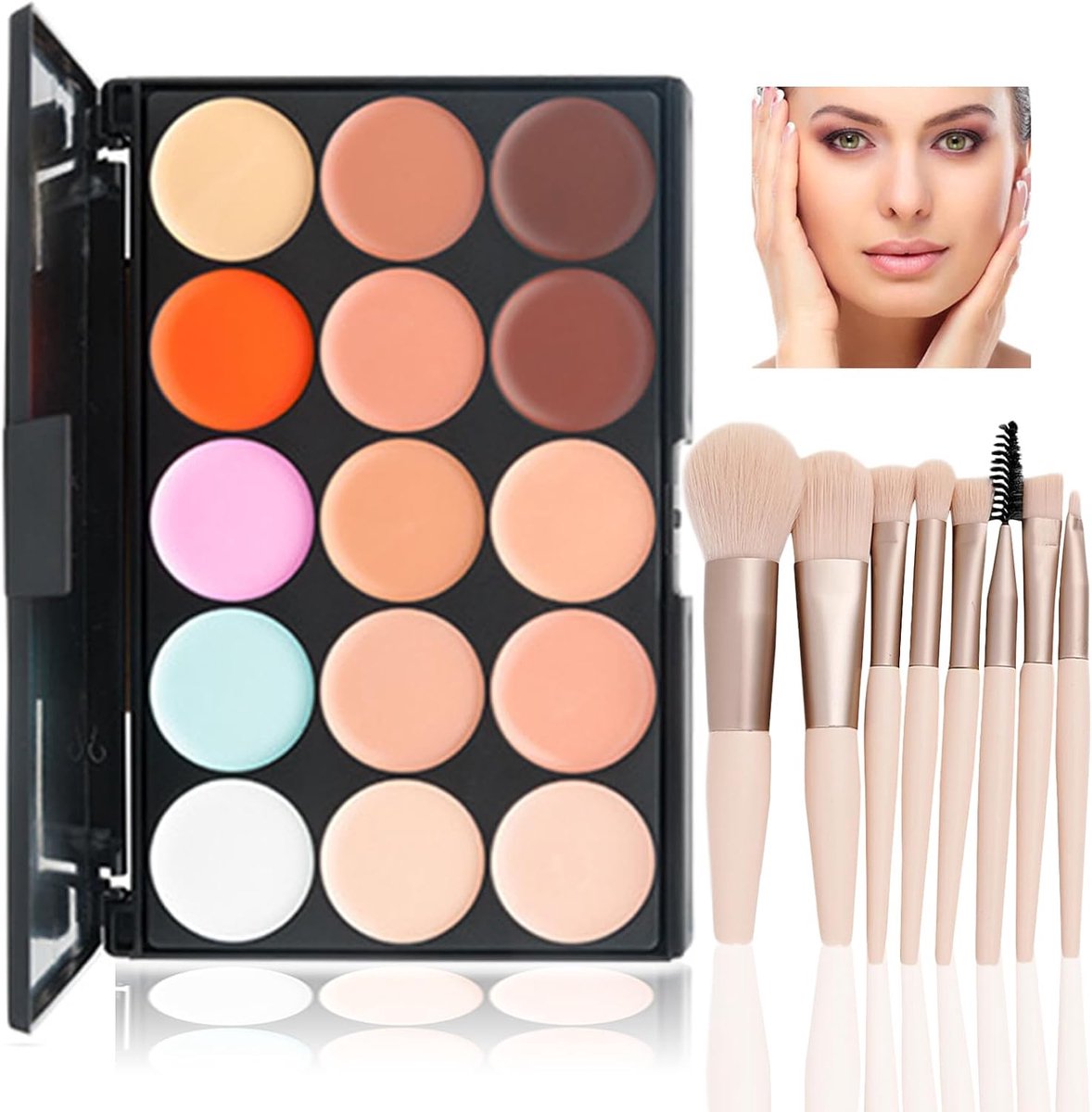 SnelShoppen - Color Corrector Make-up Palette 15 Crèmekleuren met 8 Stuks Make-up Kwasten - Make-up Correctie Palette voor het Verbergen van Ongelijke