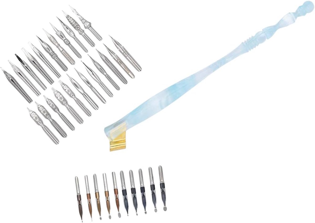 Gullor Powder Blue Oblique Calligraphy Dip Pen Nib Holder with 33 Nibs - ShopVlot