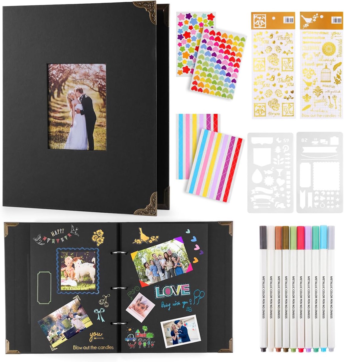 SnelShoppen - Ringband Fotoalbum DIY Zwart Karton voor 160 Foto's Scrapbook Foto Boek met 60 Pagina's Incl. 10 Metallic Kleurmarkers Gastenboek voor B