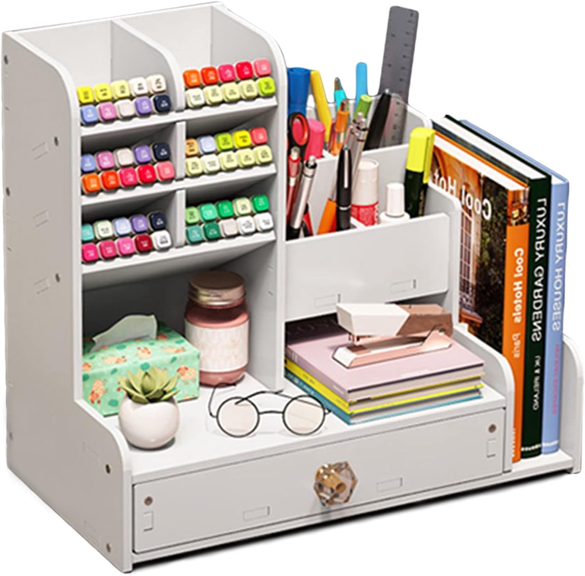 SnelShoppen - Houten Plastic Borden Bureau Organizer, DIY Pennenhouder Grote Capaciteit Bureau Organizer met Lade, Desk Organizer voor Thuis, Kantoor