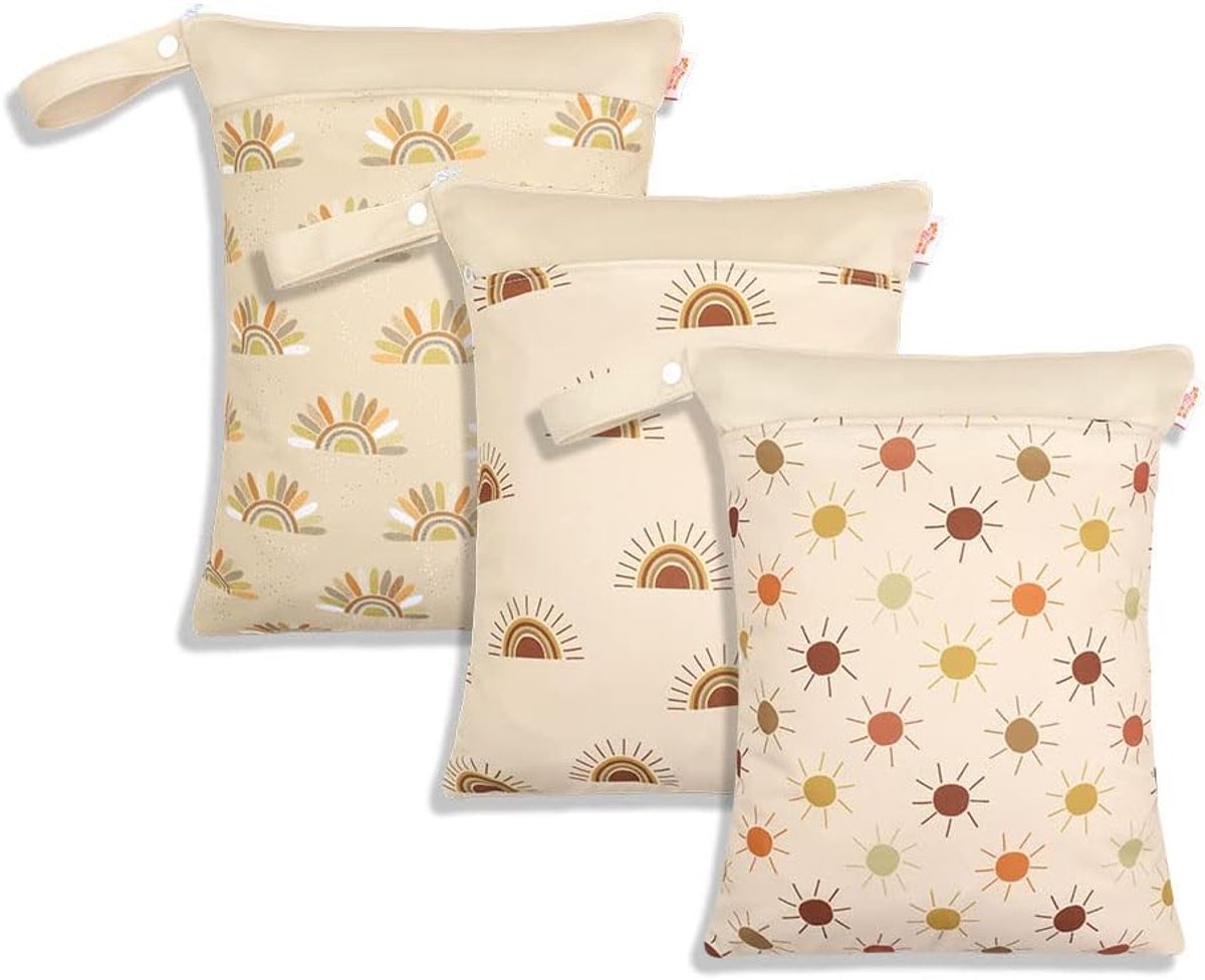 SnelShoppen - Set van 3 verschoningszakken voor onderweg, wasbare luiertassen, waterdichte baby natte tas, herbruikbaar, modern bruin zon design, napp