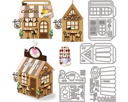 GLOBLELAND 3D Snijmallen voor Coffeeshop Dozen Tafels En Stoelen Metalen Ponsen Thuis Ponsen En Embossing Sjablonen Voor Scrapbooking Ambachten Papierkaarten Maken