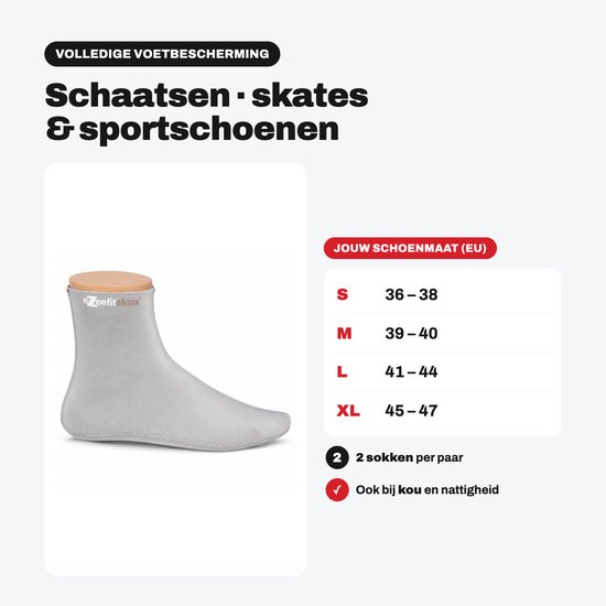 Grijze sok, bedekt de voet en enkel, met maattabel S-XL.