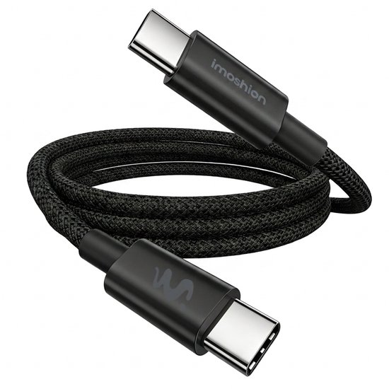 Un câble USB-C vers USB-C imoshion noir, tressé et enroulé, avec un connecteur USB-C à chaque extrémité.