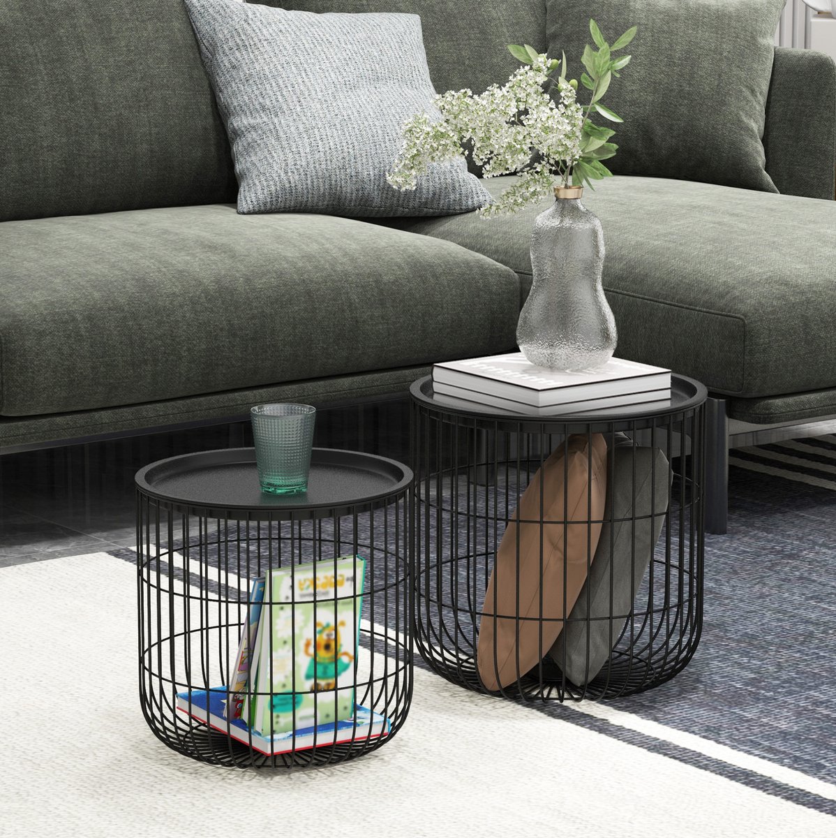 COVREO Bijzettafel 40x40x40 cm zwart, staal set van 2 met opbergruimte