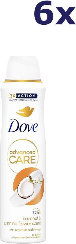 6x Dove Advanced Care deodorant spray met kokos & jasmijn bloem geur, 72 uur bescherming, pro-ceramide technologie.