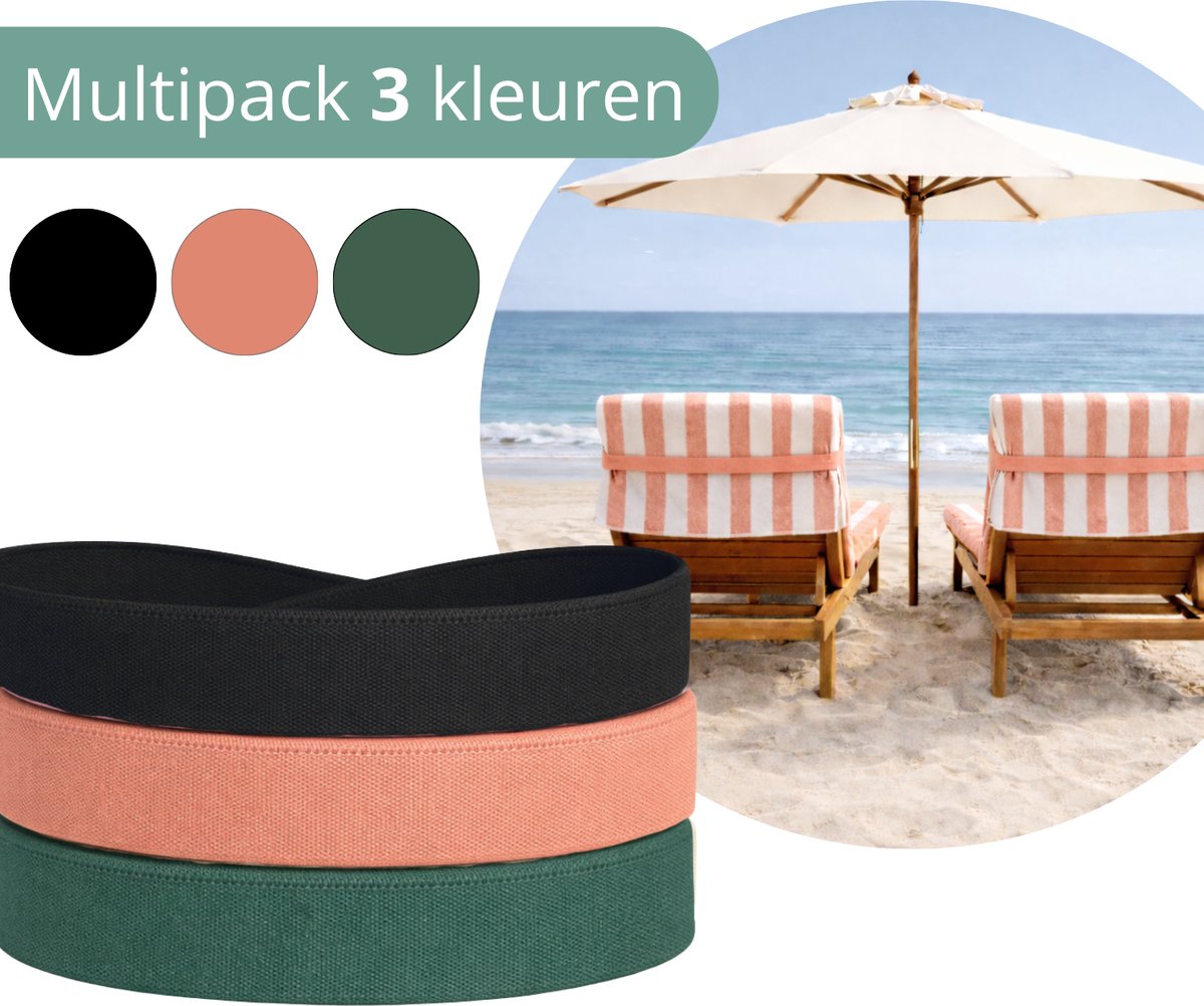 Hoya living - 3x Strand handdoek Elastiek Band Ligbed - Multipack 3 kleuren: Zwart, Groen en Zalm - rekbaar 45-70 cm - strandbed elastiek - strandhanddoekbanden