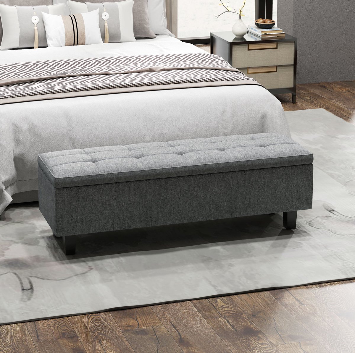 COVREO Bedbank 138x40x45 cm donkergrijs, linnenlook met opbergruimte