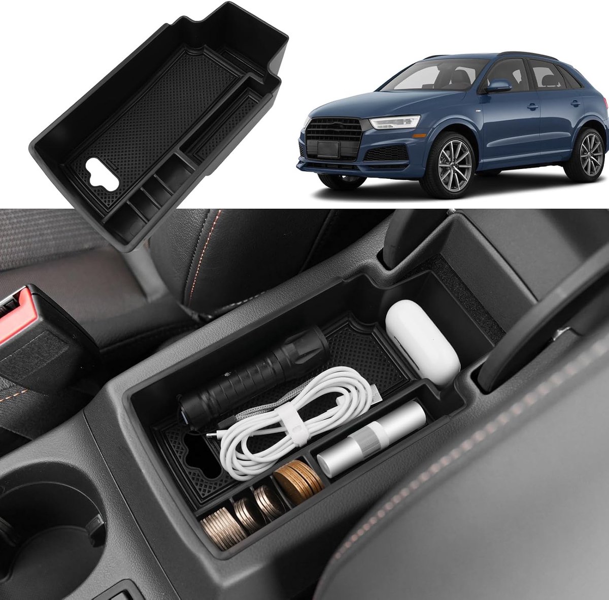 Center Console Storage Box Compatible with Audi Q3 F3 (2013-2018), Audi Accessories, Armrest, Organiser with Non-Slip - ShopVlot