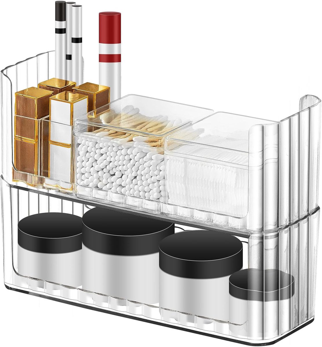 SnelShoppen - 2 Pack Stapelbare Make-up Organizer Tray, Transparante Cosmetica Display Case met 2 Lippenstift Houder en 2 Wattenstaafjes Dozen, Medici