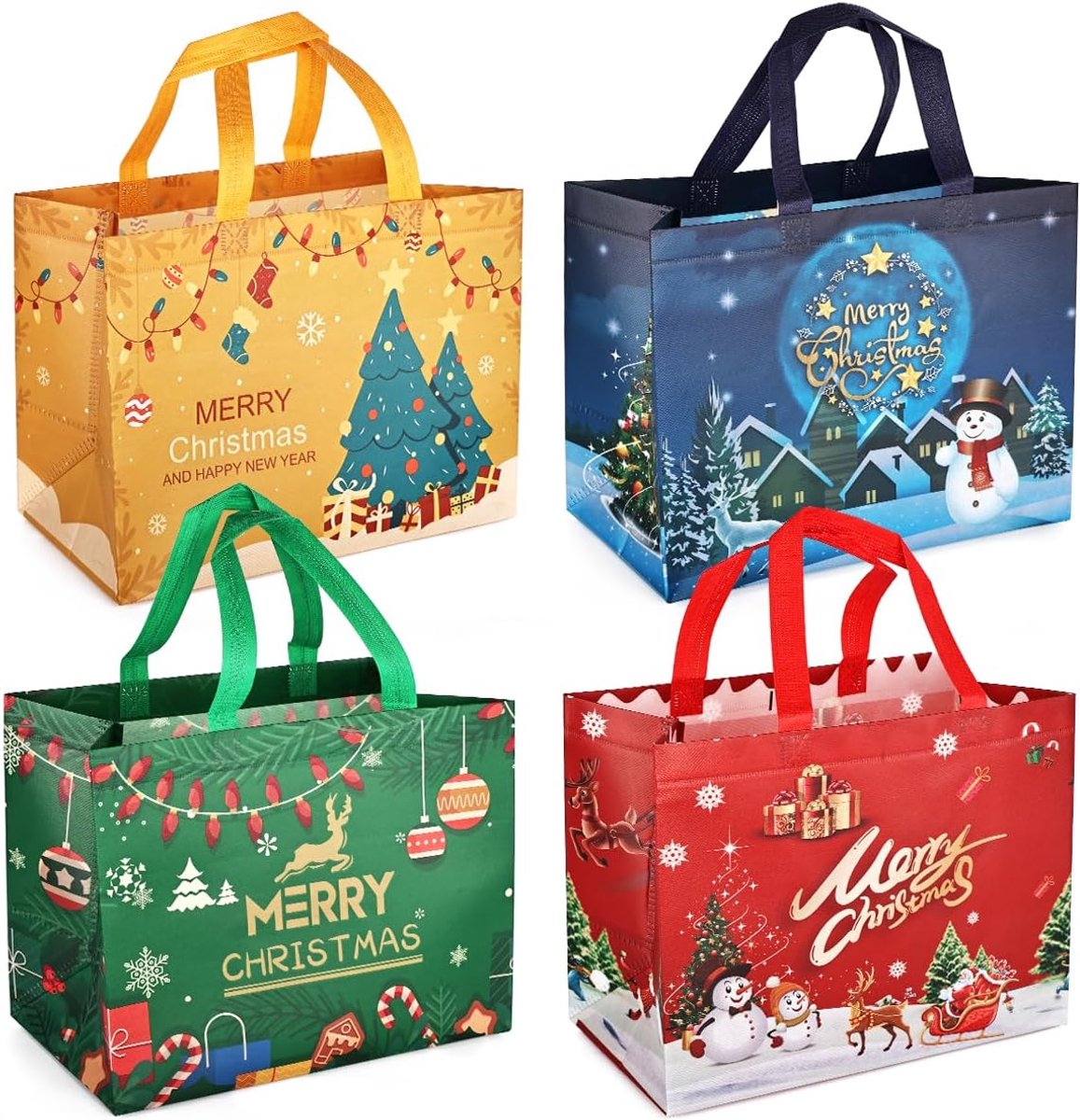 SnelShoppen - 4 Stuks Multifunctionele Niet-geweven Kerst Tote Tassen voor Cadeaus, Winkelen, 32.5x25x17 cm, Diverse Oogverblindende Patronen, Kerstth
