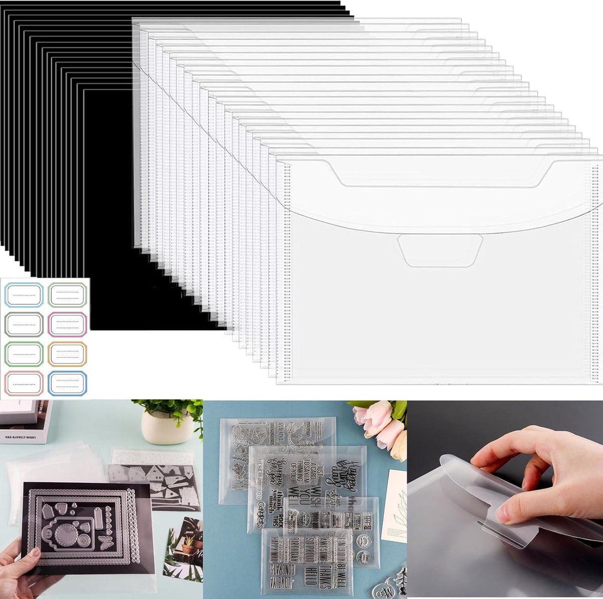 Opbergzakken voor stempels en stansen 5 x 7 inch - 20 stuks met magnetische vellen - Inclusief labelstickers - ShopVlot