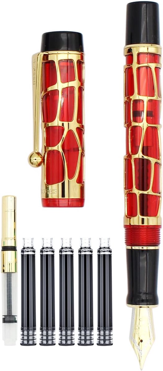 SnelShoppen - Gouden Vulpen met Schroefdop, Fijne Nib 0.5mm, Transparant Rood, Skeleton Hollow-out Serie, Geschikt voor Internationaal Inktcartridges,