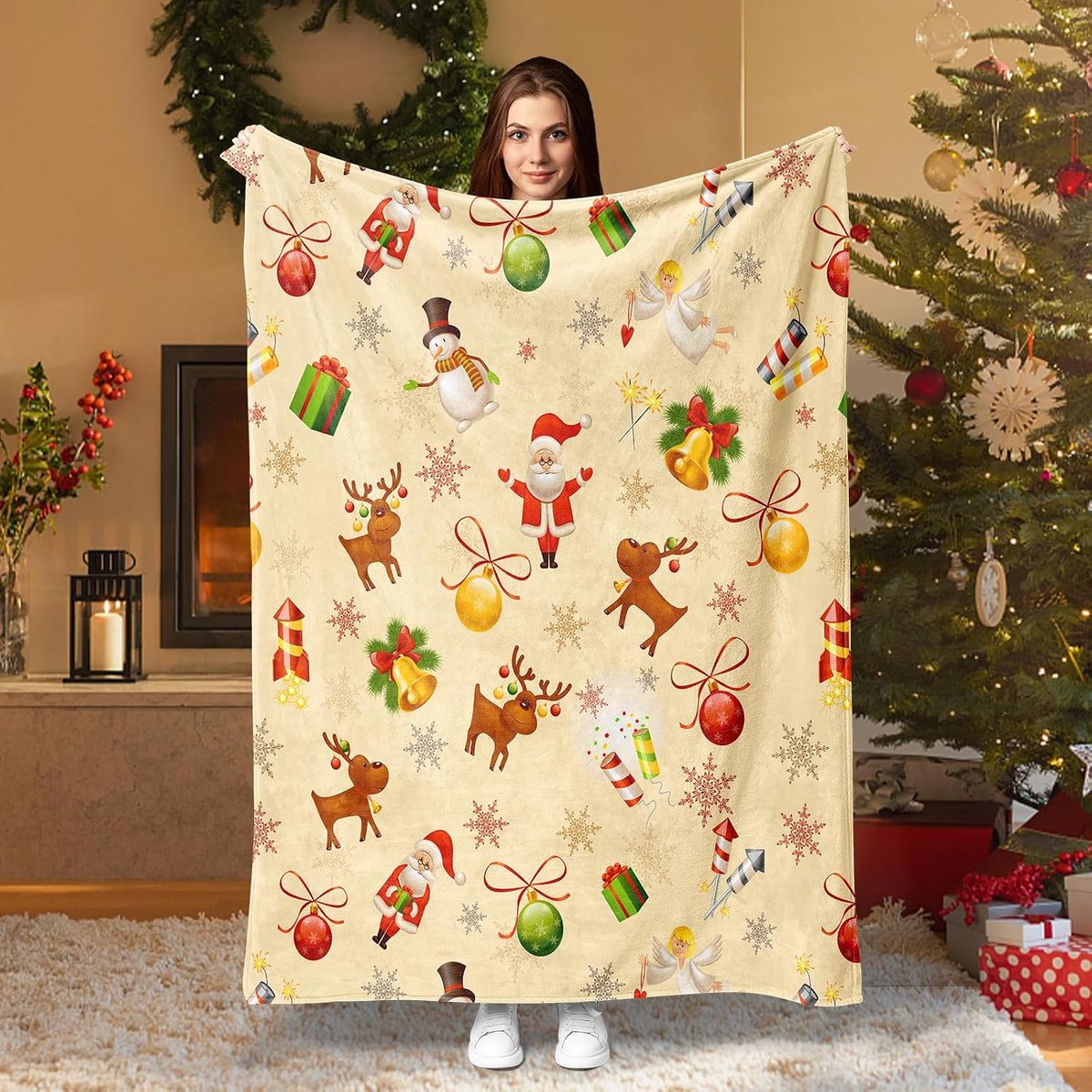 SnelShoppen - Kerst Knuffel Dekentje Super Zacht Flanel Kerstsofa Dekentje 130x150cm met Klassieke 3D Print Kerstmotieven voor Feestdagen en Gezelligh