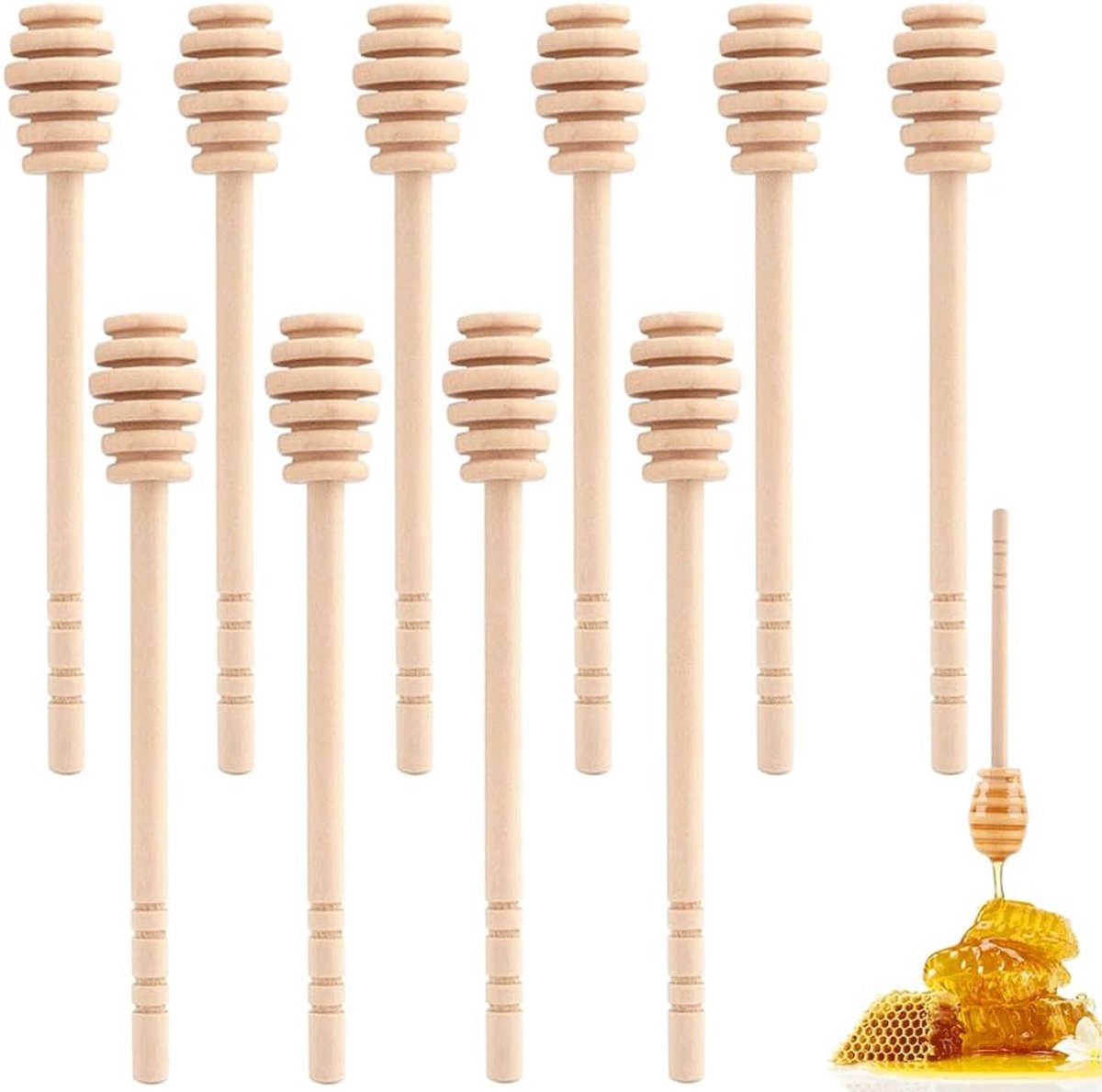 Pack of 10 Wooden Honey Sticks Mini Honey Spoon, Honey Spoon, Honey Spiral, Honey & Syrup Doser Drip Free and Spill - ShopVlot