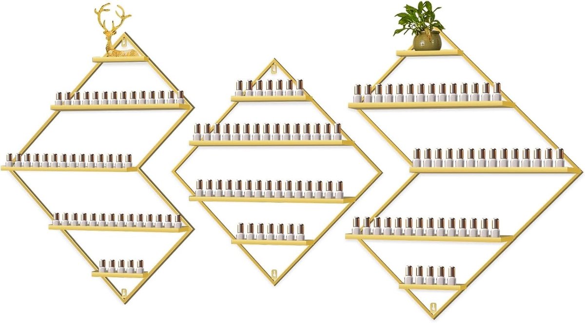 3-delige Nagellak Wandrek Organizer - Gouden Display voor Cosmetica, Lipstick en Parfum - Ideaal voor Thuis, Spa en Nagelsalon
