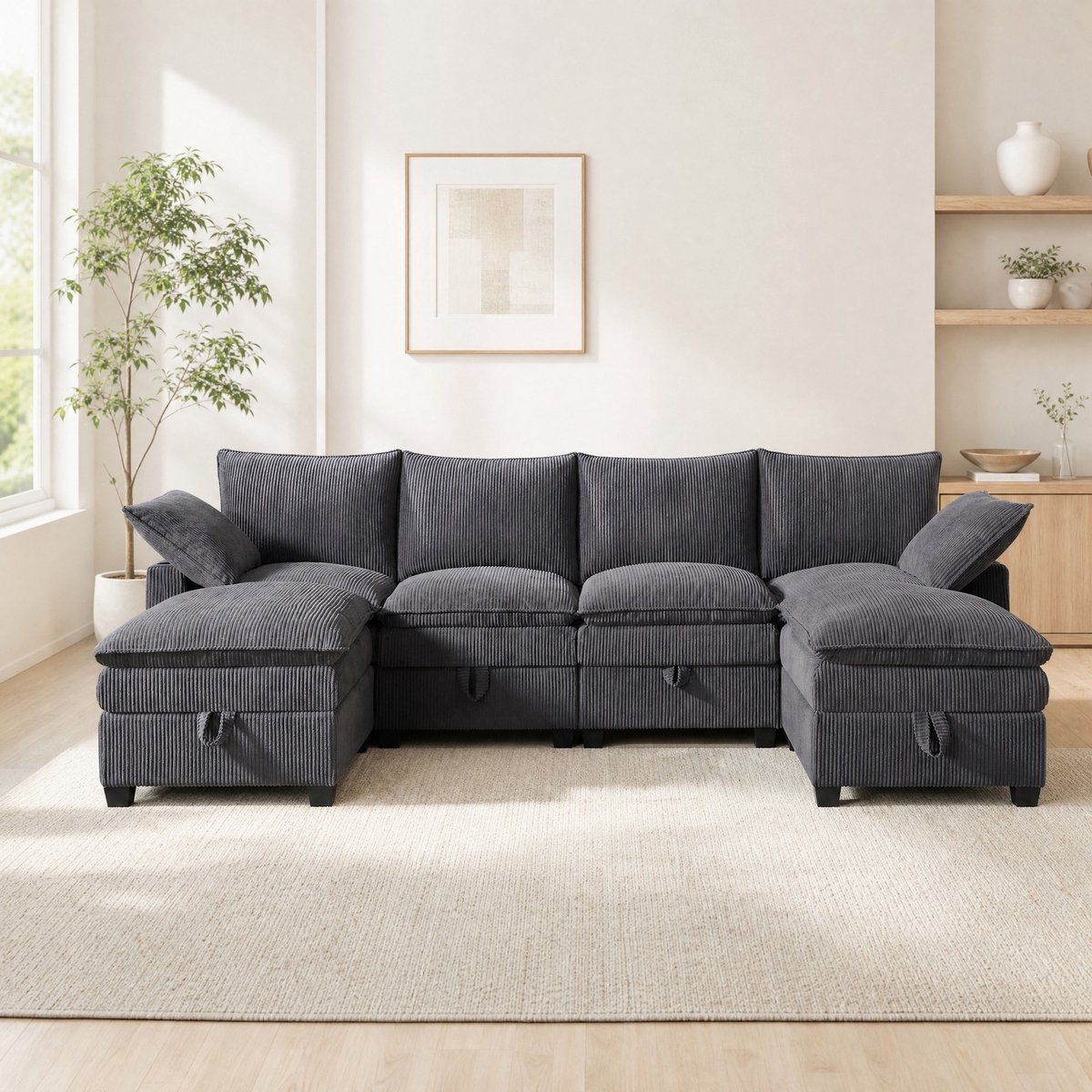 MODENUIT Hoekbank 280 x 151 x 83 cm - Met USB, Opbergruimte en Bekerhouders - Woonkamer - Corduroy Grijs