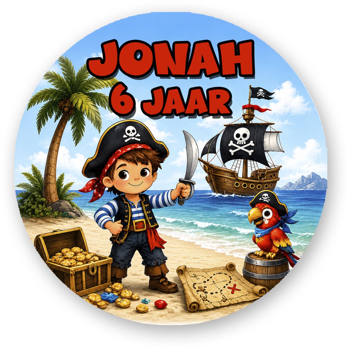 25x Traktatiestickers Piraten met naam en leeftijd – 25 stuks – 4 cm