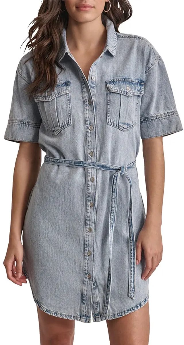 Dkny Self Belted Korte Mouw Jurk Blauw M Vrouw