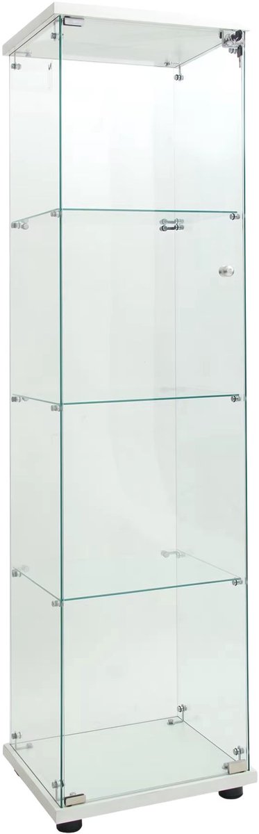 Glazen Vitrinekast 164x42,5x36,5cm Wit – Afsluitbare Displaykast met 1 Deur, LED Verlichting, Slot en 4 Planken