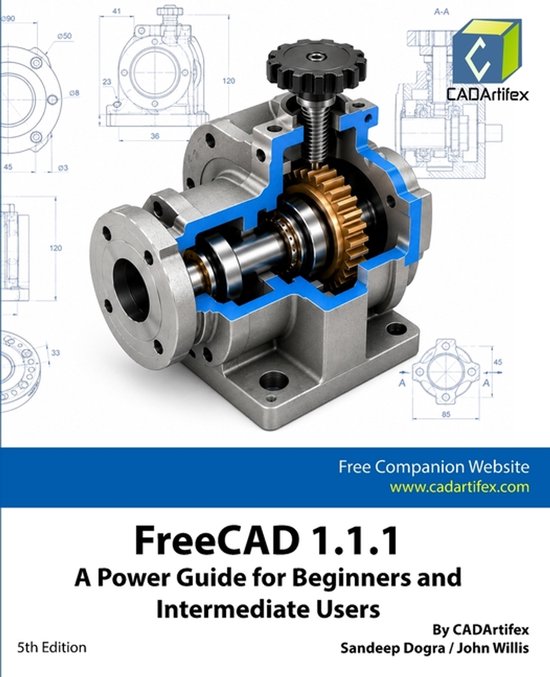 Dessin technique en coupe d'un composant mécanique avec engrenages, intitulé 'FreeCAD 1.1.1 A Power Guide for Beginners and Intermediate Users'.
