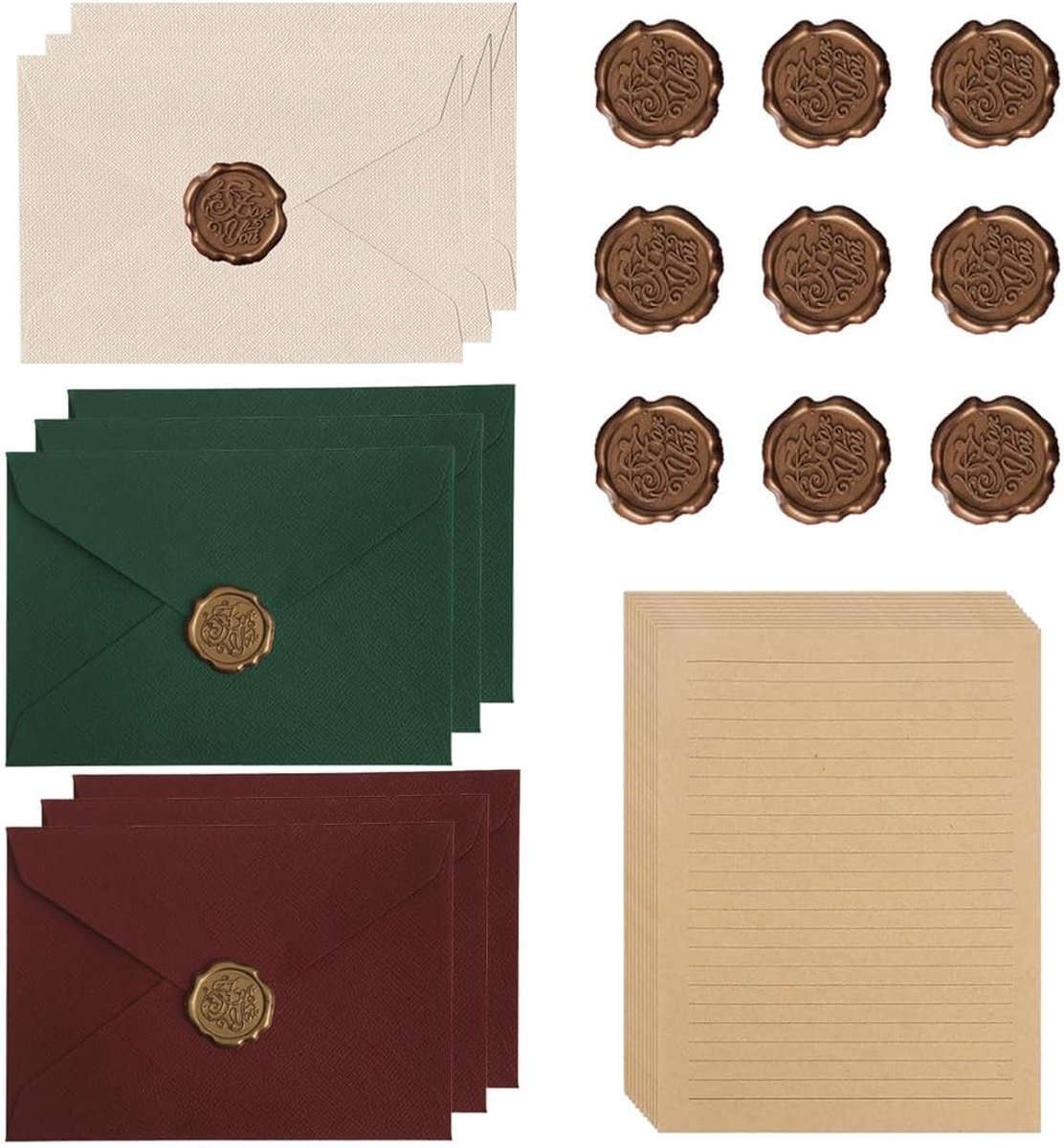 Vintage briefpapier set - 9 kraftpapier enveloppen - met zegelstempels - perfect voor uitnodigingen - ShopVlot